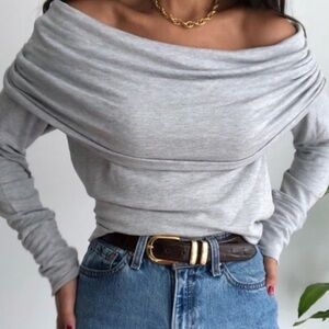 Lilly Pulitzer Gray Off-Shoulder Cowl Neck Top Grey Long Sleeve Chic Size S